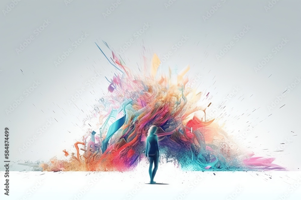 Poster a person standing in front of a colorful object with a white background graffiti wall graphic design