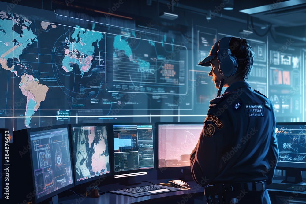 Poster a man in a uniform is looking at multiple monitors and screens police station animation cybersecurit
