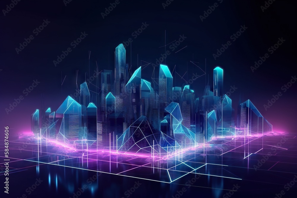 Poster a futuristic city with neon lights and lines on the ground and a dark background modern urban skylin
