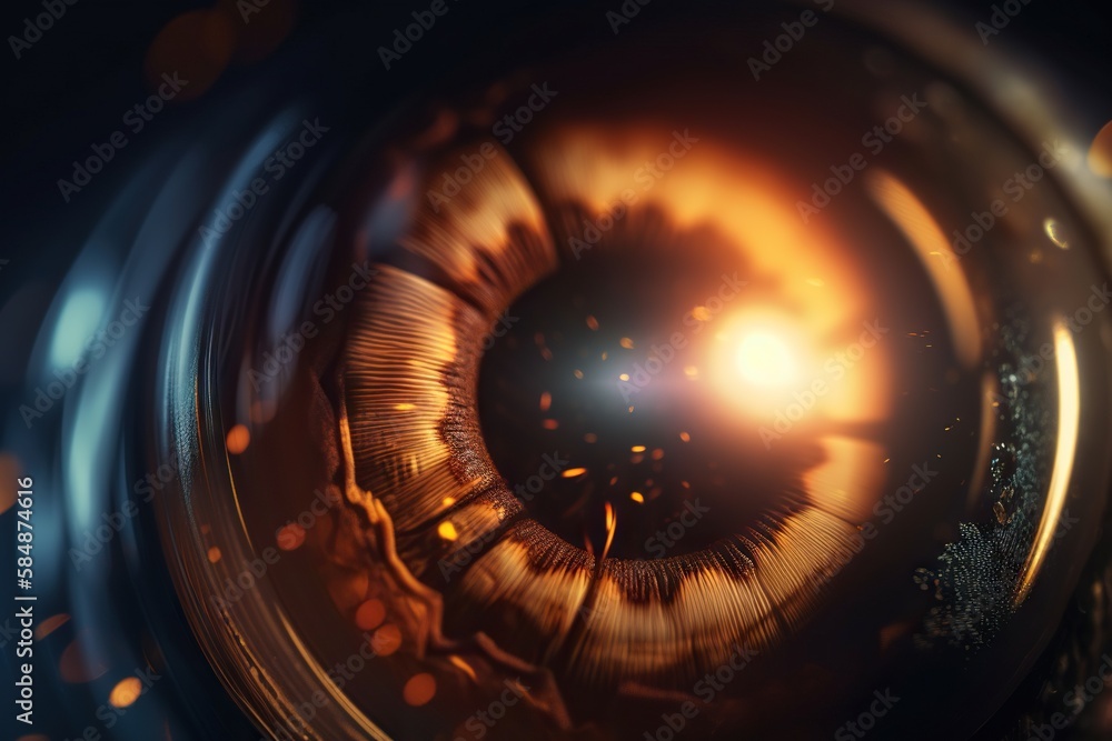 Poster a close up of a lens with a bright light in the background zoo photorealism motion graphics generati