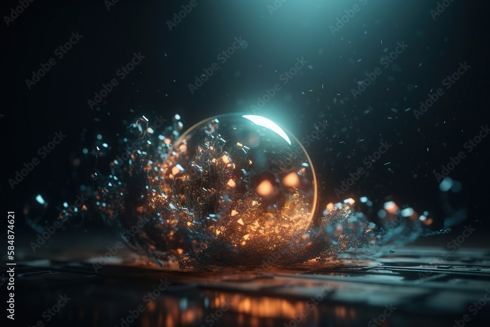 Poster a glass ball with some water on it and a light shining in the background aquarium animation motion g