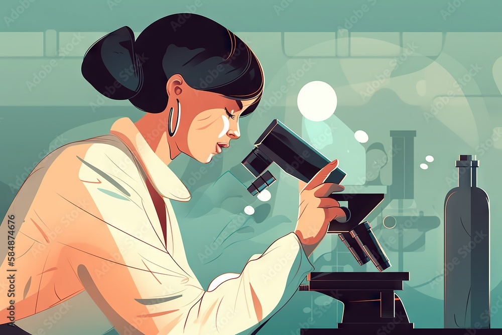 Poster a woman looking through a microscope at something in a room with a bottle of wine factory animation 