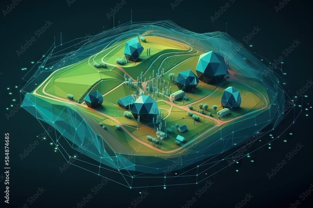 Poster a computer generated image of a green field with houses and trees farm environmental art motion grap