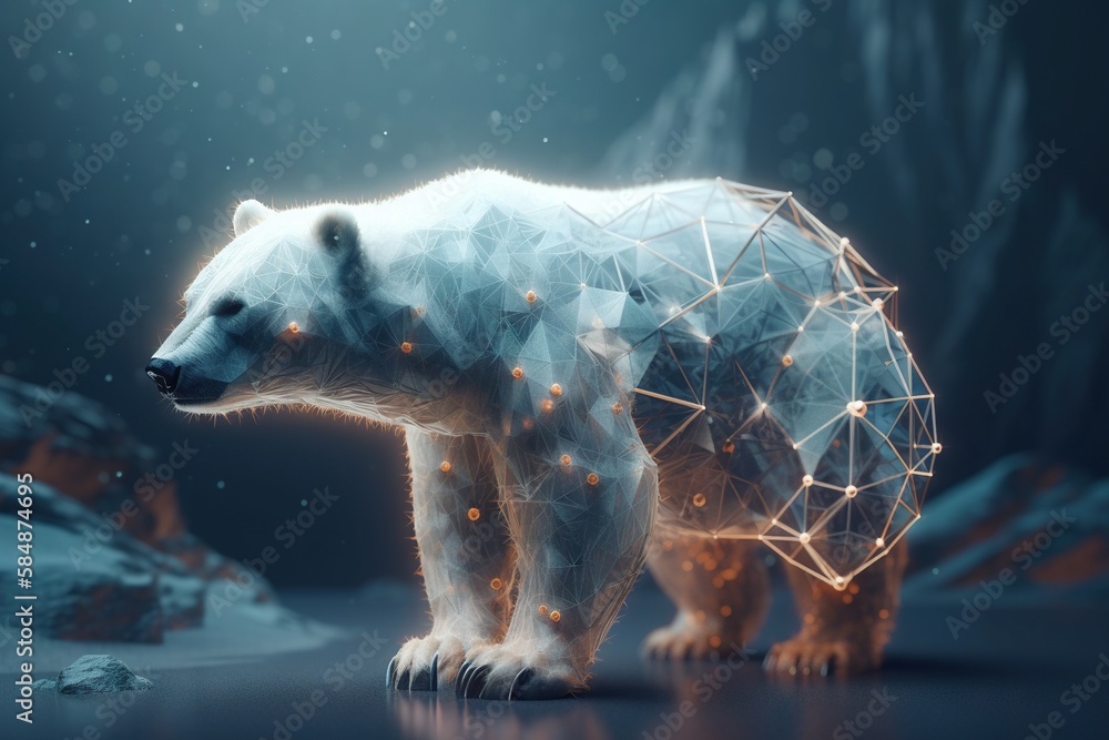 Poster a polar bear standing on a snowy surface with a network of dots tundra animation motion graphics gen