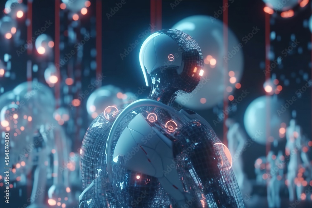 Poster a futuristic robot standing in front of a group of shiny balls junkyard animation motion graphics
