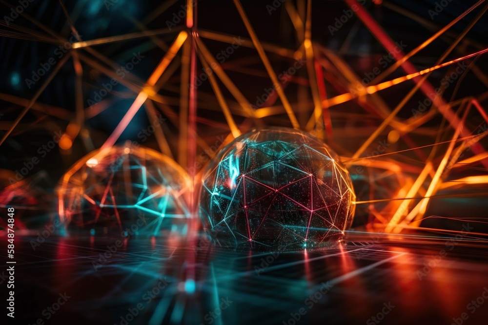 Poster a sphere with lines and dots on it in the dark factory abstract photography network engineering gene