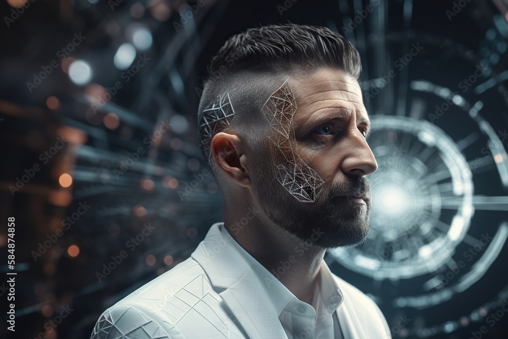 Poster a man with a futuristic face and a futuristic background with lines factory photorealism motion grap
