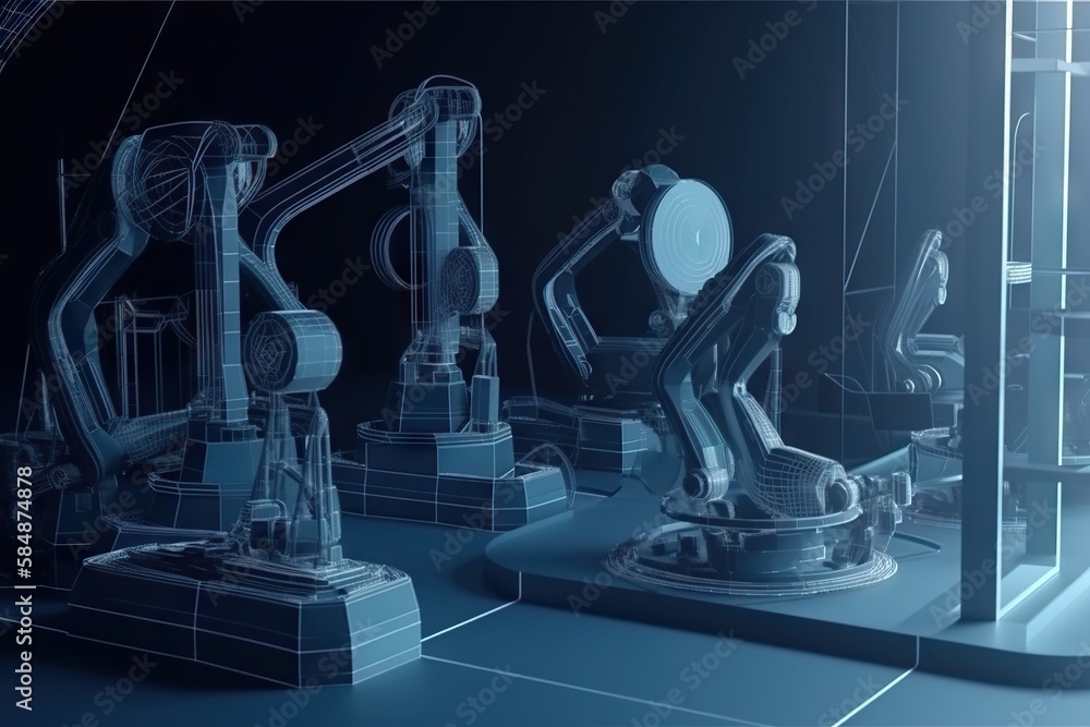 Poster a futuristic machine room with a blue background and a black background factory animation robotics e