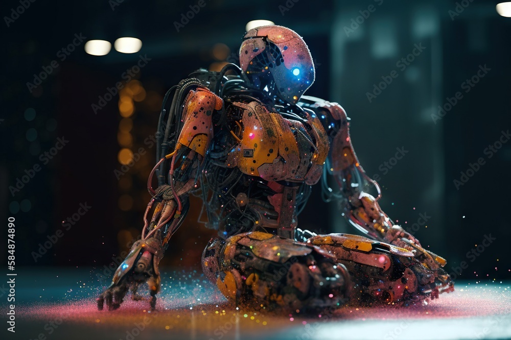 Poster a robot sitting on the ground with its legs spread out and glowing junkyard animation robotics engin