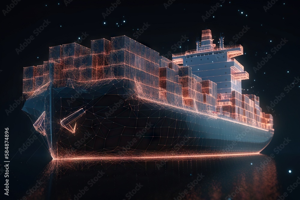 Poster a large container ship with a lot of containers on it's side industrial port animation supply chain 