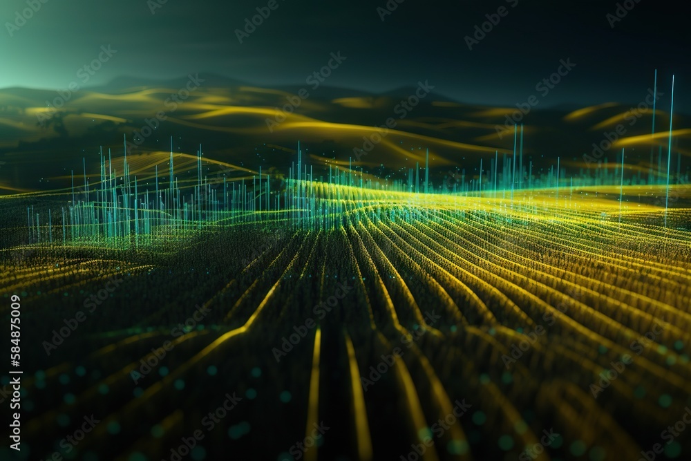 Poster a computer generated image of a field with lines and dots in the sky solar farm environmental art da