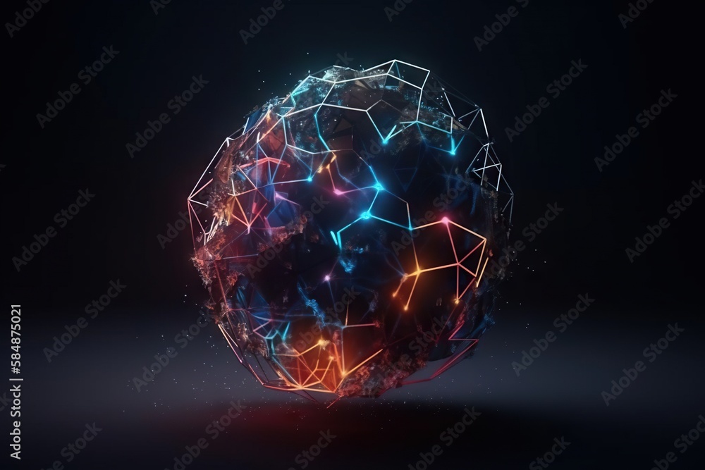 Poster a sphere with many connected lines and dots on it with a dark background deep sea trench animation m