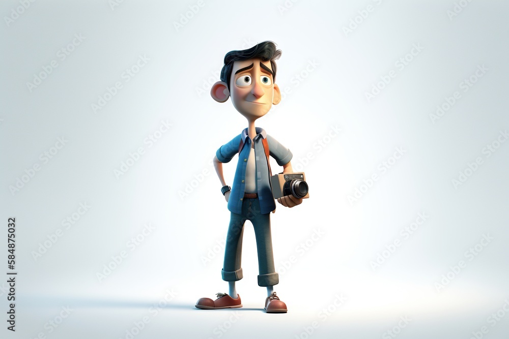 Poster a cartoon character holding a camera and a hat on a white background junkyard animation animation fi