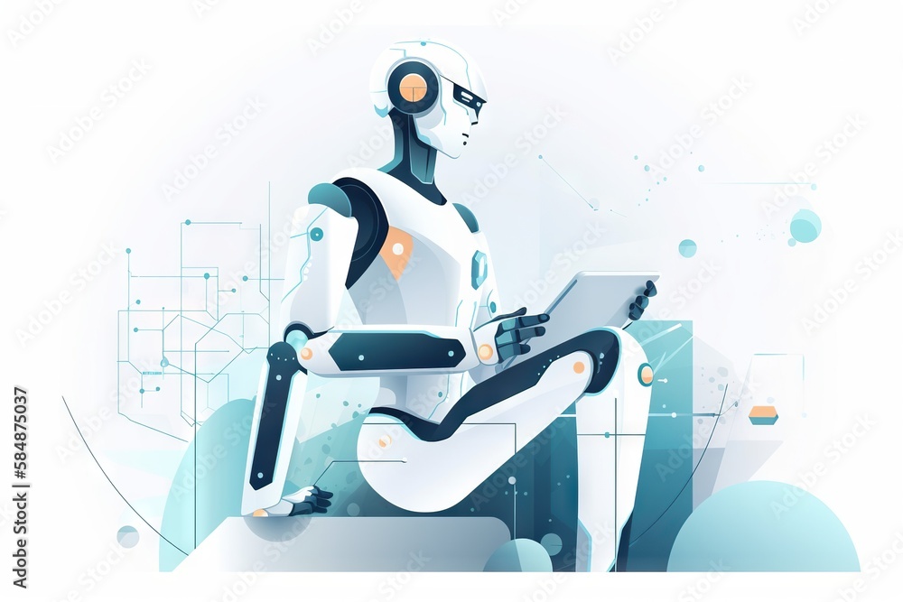 Poster a robot sitting on a chair with a tablet in his hands workshop graphic design robotics engineering