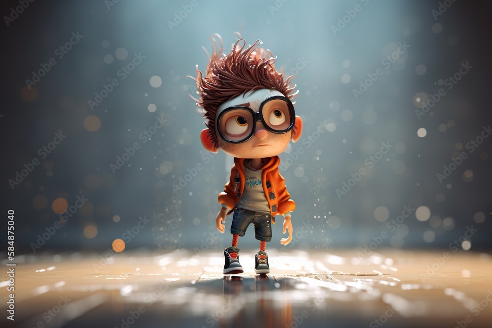 Aufkleber a cartoon character with glasses and a jacket on standing in a room junkyard animation animation fil