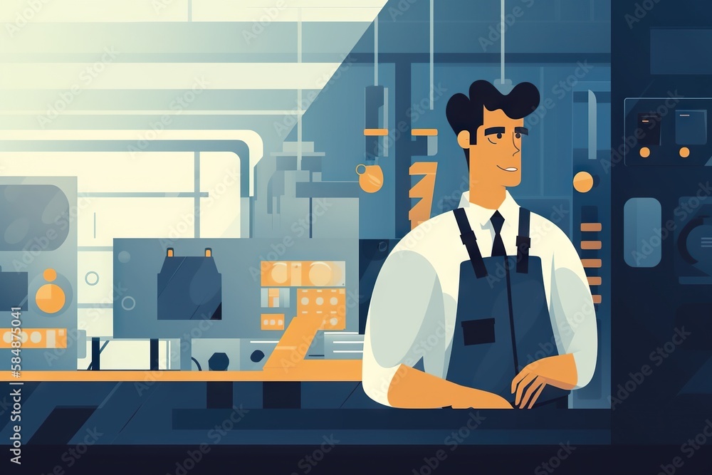 Poster a man in a factory with a machine in the background and a man in a white shirt and tie standing in f