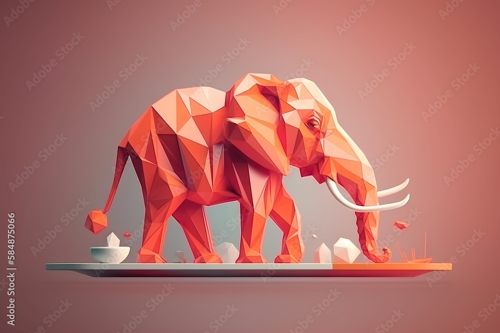 Poster a low polygonal elephant standing on a table with a cup zoo origami motion graphics generative ai