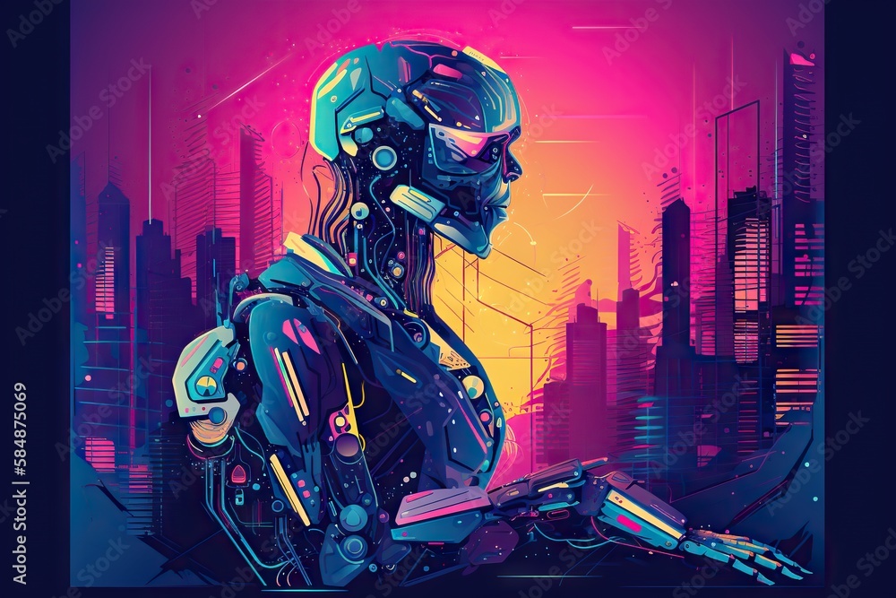 Poster a robot with a futuristic city in the background with a neon colored background factory graphic desi
