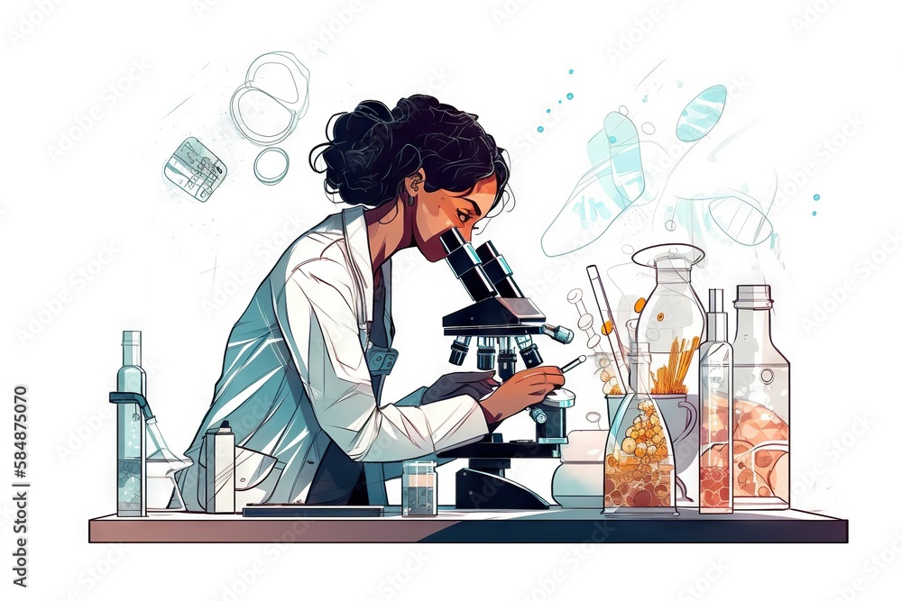 Aufkleber a woman looking through a microscope at a liquid in a beaker workshop animation science writing gene