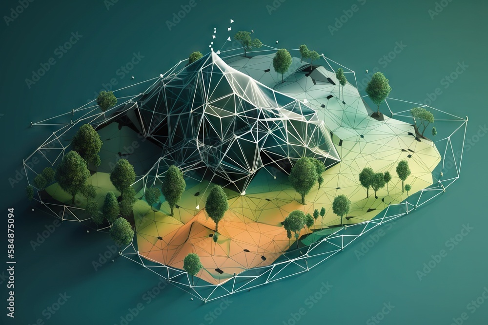 Poster a computer generated image of a forest with trees and a mountain park environmental art motion graph