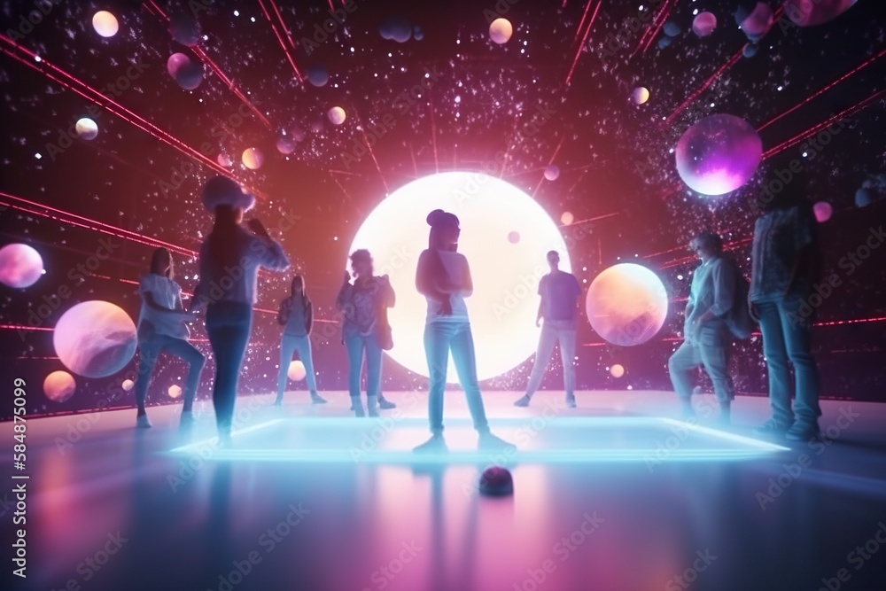 Poster a group of people st anding in front of a stage with balloons lunar landscape animation motion graph