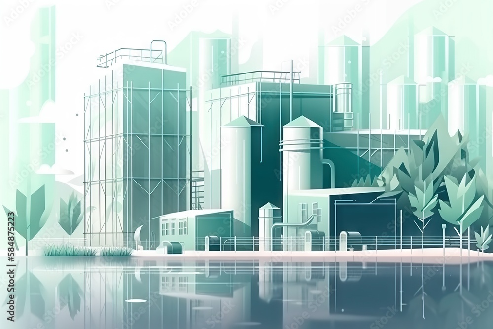 Poster a city with a lot of tall buildings and trees in the foreground industrial port animation motion gra