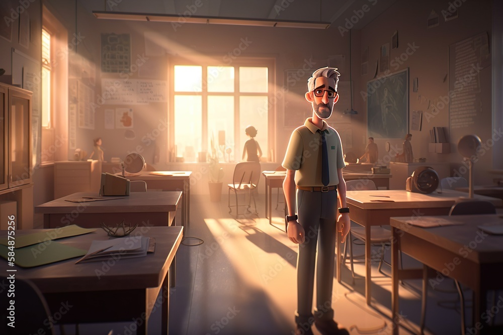 Poster a man standing in a classroom with a desk and a window classroom animation animation filmmaking