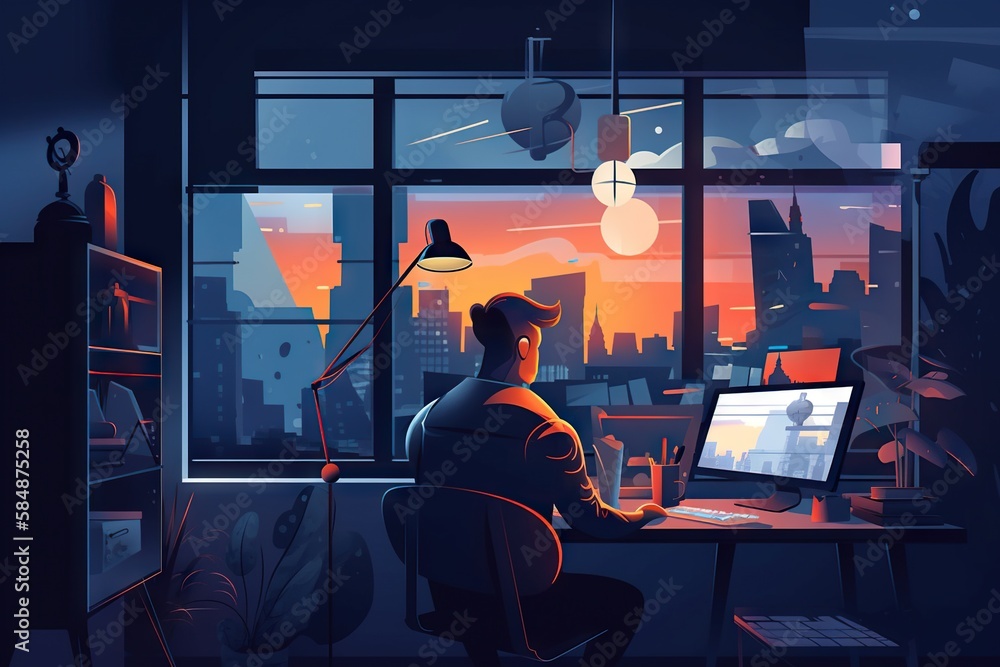 Poster a man sitting at a desk in front of a computer monitor modern city skyline in the evening with sunse