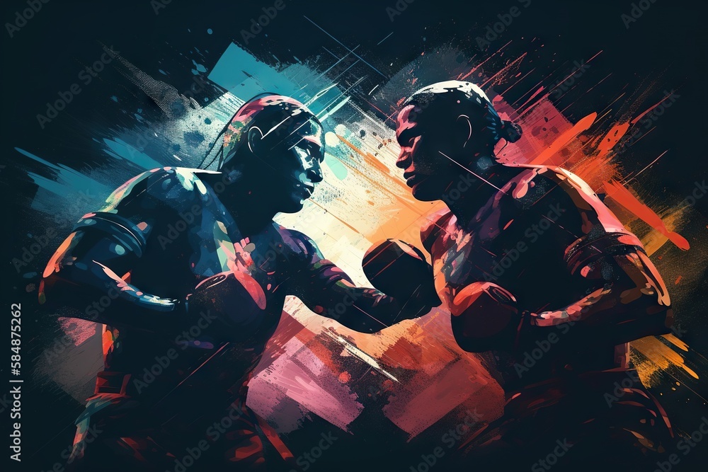 Poster two men in a boxing stance with each other in front of a colorful background boxing gym typography m
