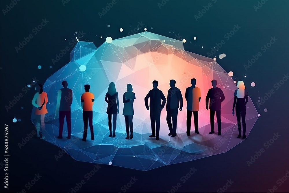 Poster a group of people standing in front of a colorful background with a geometric design workshop graphi