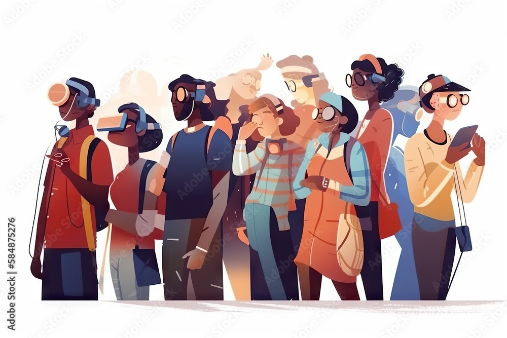 Poster a group of people standing next to each other with headphones on subway station animation virtual re