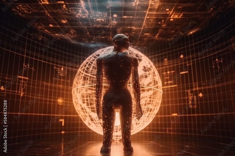 Poster a man standing in front of a large sphere with a light shining on it factory animation artificial in