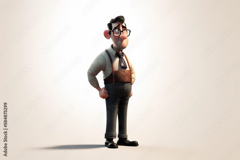 Poster a man with glasses and a tie standing in front of a white background park animation animation filmma