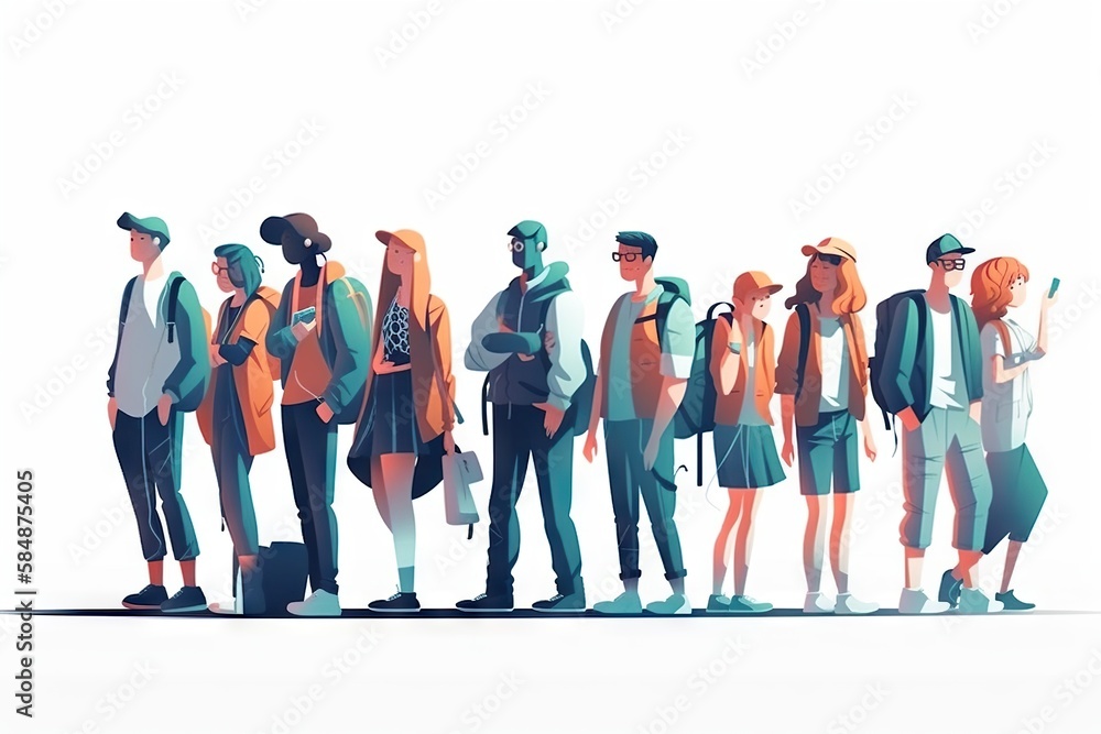 Poster a group of people standing next to each other in front of a white background bus station animation m
