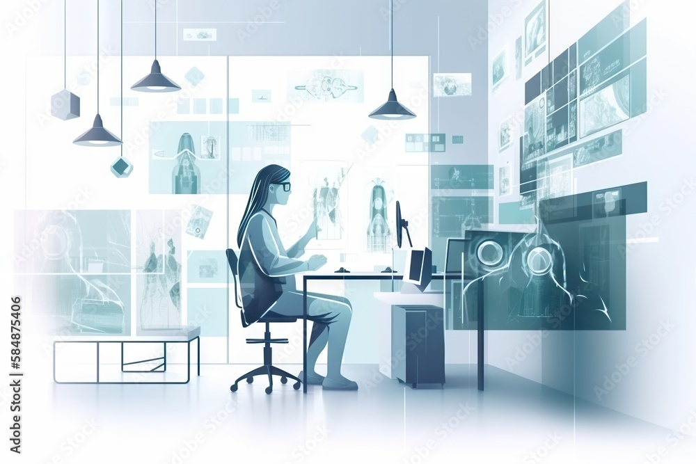 Poster a woman sitting at a desk in front of a computer monitor workshop animation augmented reality