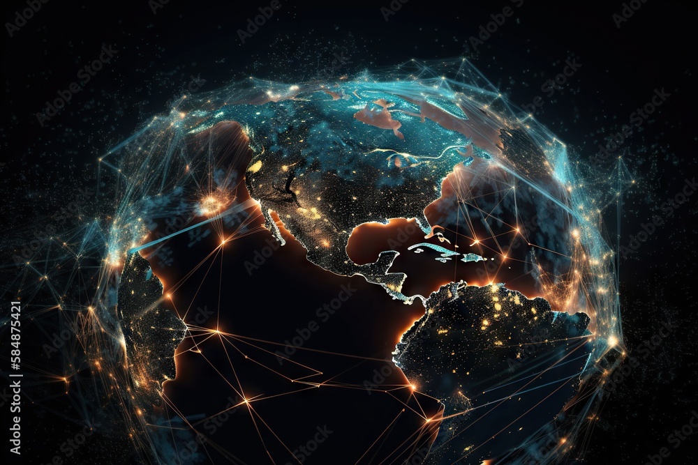Poster a globe with a network of lights on it and a dark background deep sea trench video art supply chain 