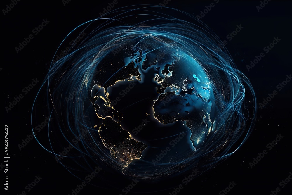 Poster a blue and white globe with lines of light around it and a dark background deep sea trench video art
