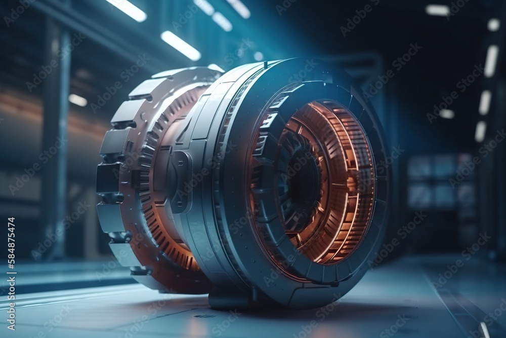 Poster a large metal object with orange lights in a dark room with a light coming from it factory animation