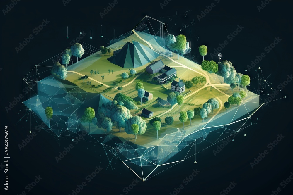 Poster a computer generated image of a mountain with a pyramid in the middle farm environmental art motion 
