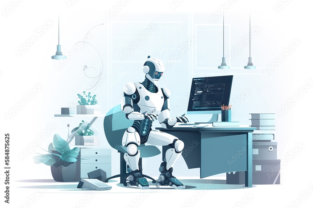 Poster a robot sitting at a desk with a laptop computer in front of him workshop animation robotics enginee