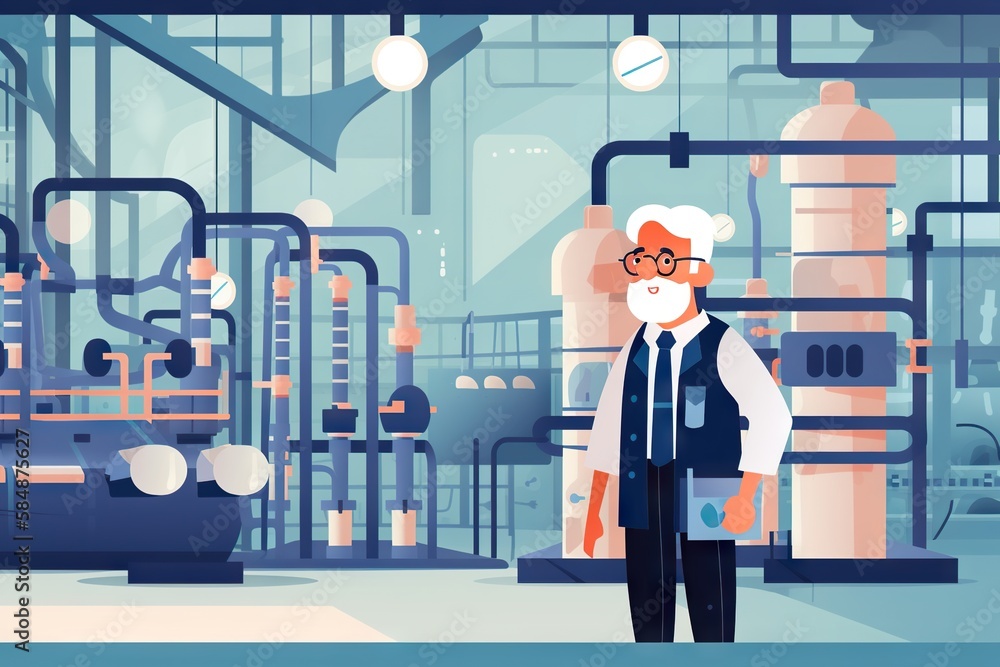 Poster a man in a suit and tie standing in front of a factory factory animation manufacturing planning and 