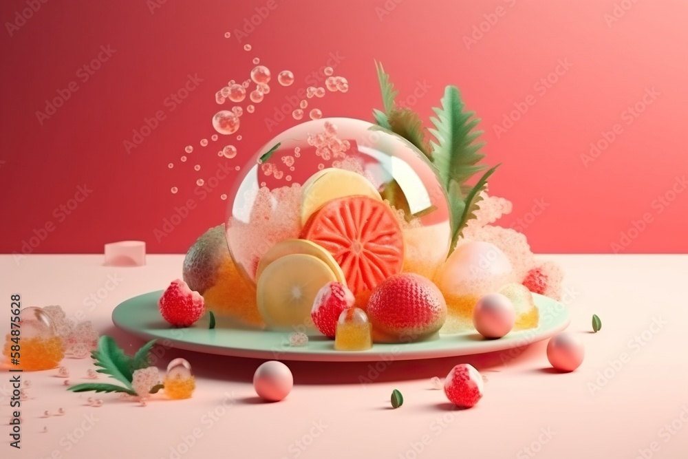Poster a plate with a bunch of fruit on it and bubbles coming out of it aquarium animation motion graphics 