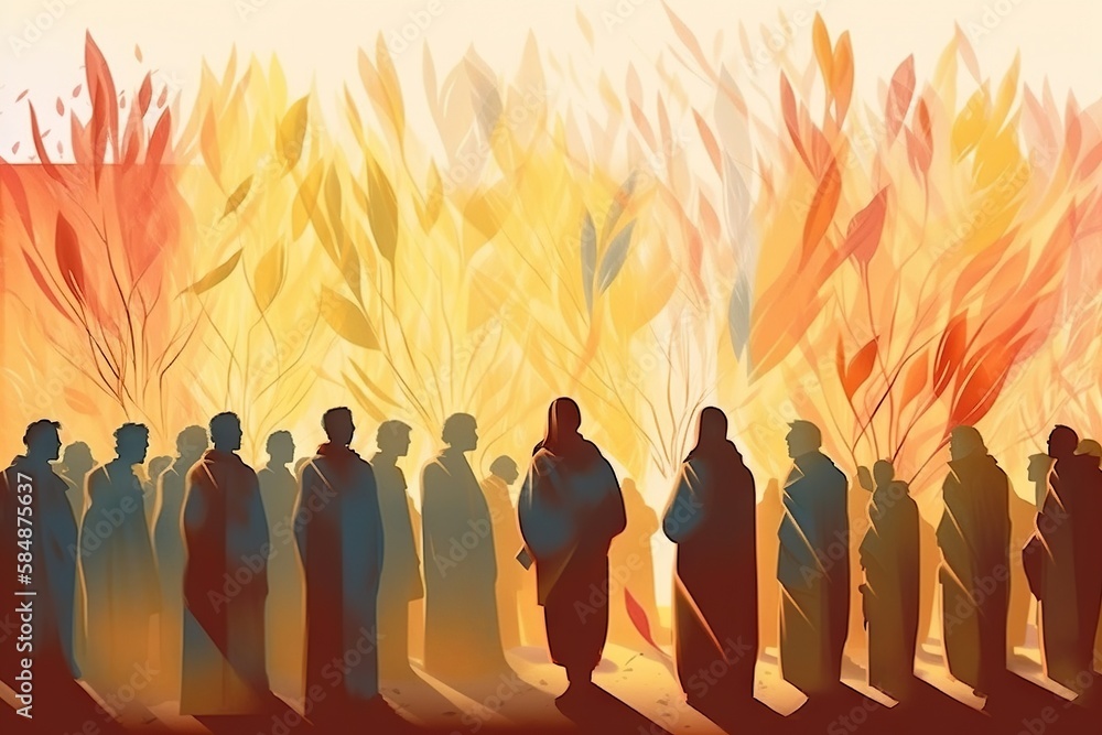 Poster a group of people standing in front of a fire with a sky background oasis animation digital illustra