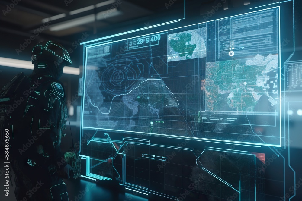 Poster a man in a futuristic suit looking at a large screen with a map on it conference room animation tech