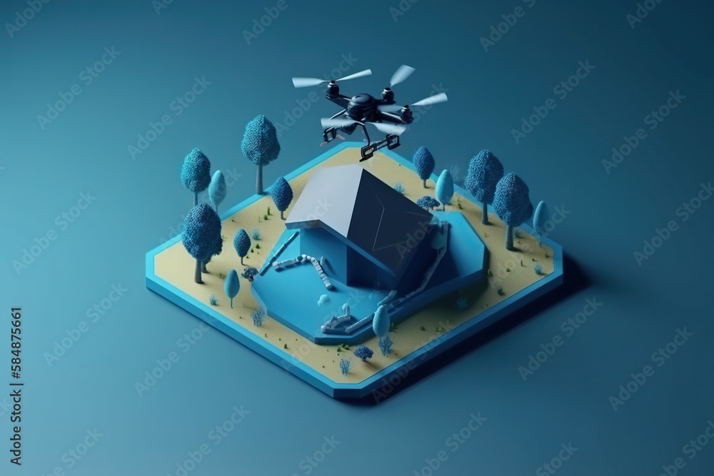 Poster a small house on a small island with a helicopter flying over it military base animation motion grap