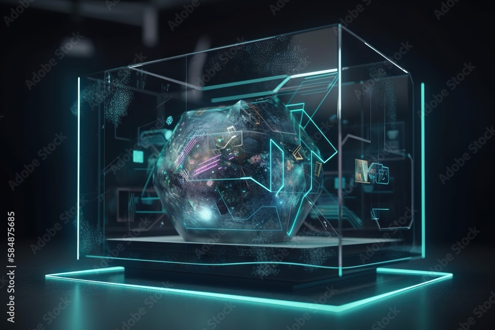 Poster a glass box with a futuristic design inside of it on a table aquarium kinetic art motion graphics ge