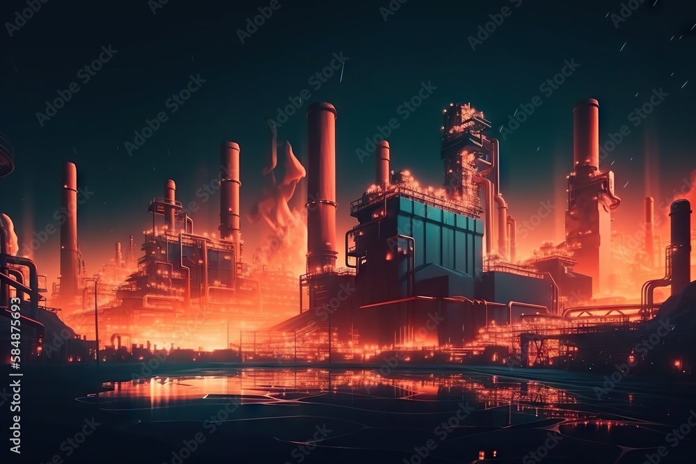 Poster a futuristic city with a factory and a lake in the foreground factory animation manufacturing genera