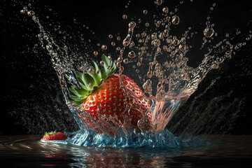 Creative food photography of strawberry falling into clean water. Generative ai illustration