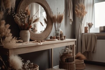 Boho room. Simple eco friendly design. Dried flowers adorn the mirror. Scandinavian decor with shelves. Pampas herb basket. Excellent picture. Generative AI