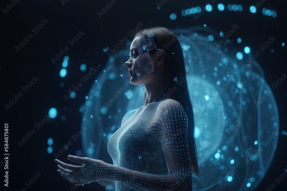 Aufkleber a woman with a futuristic face and body in front of a blue background workshop video art natural lan